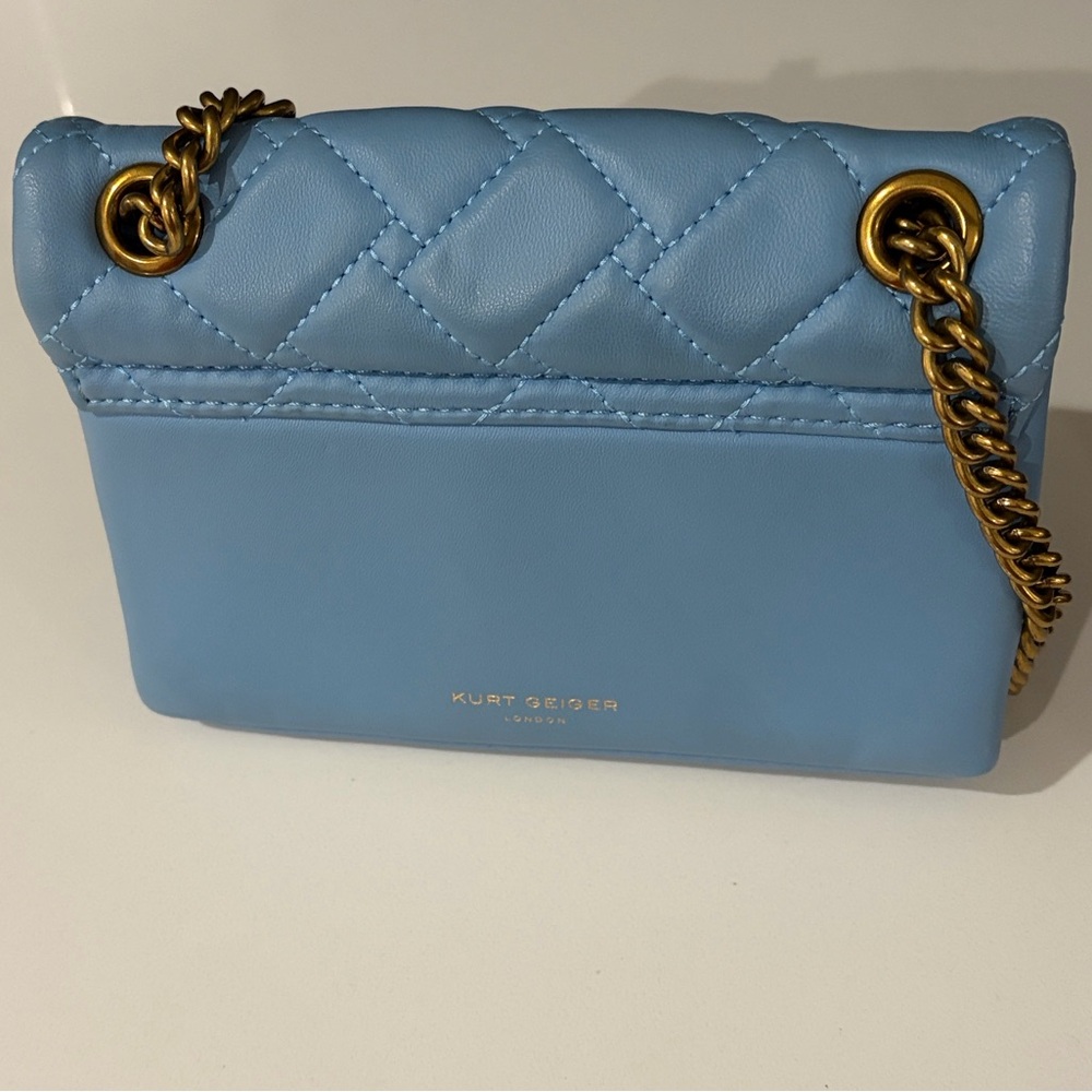 Kurt Geiger Mini Kensington Light Blue Quilted Leather Crossbody with Gold Chain - Picture 12 of 15